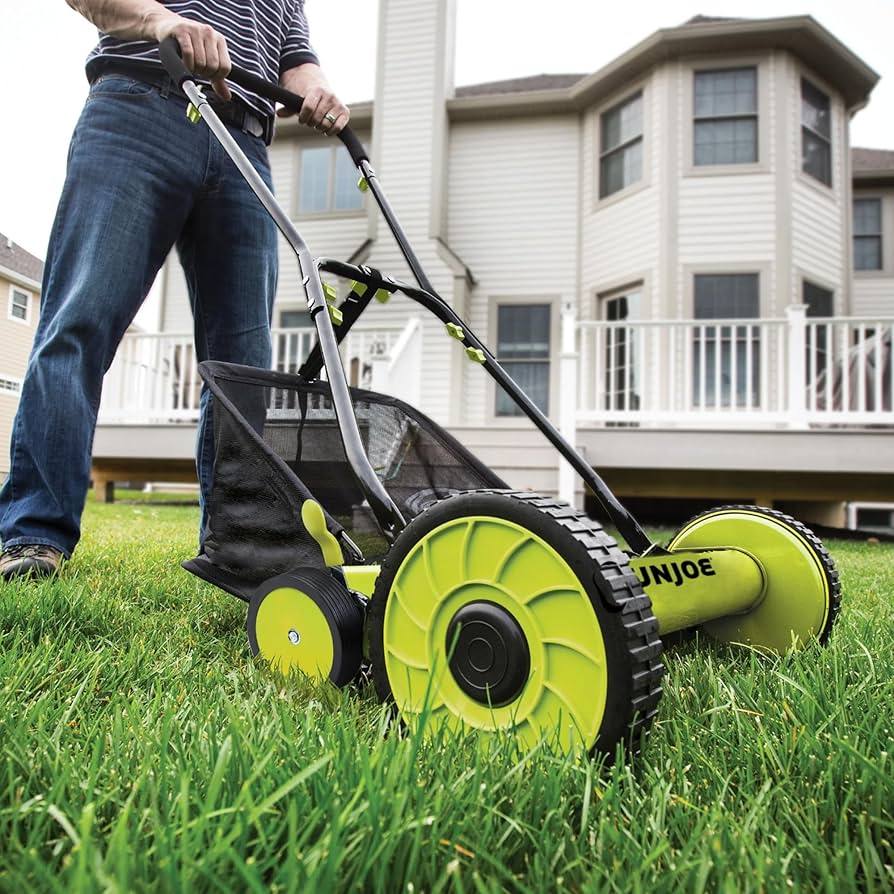Sun Joe Lawn Mower, 16 Inch Manual Reel Push Behind Machine, Outdoor Equipment with Removable Grass Catcher and Adjustable Cutting Height